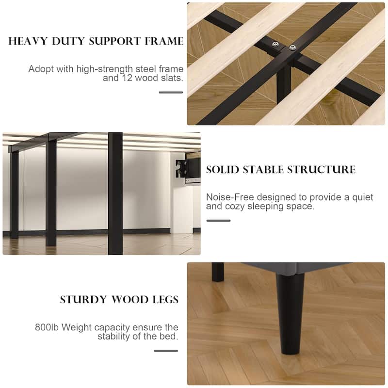 VECELO Platform Bed Frame with Charging Stations and Under Bed LED Lights Strong Wooden Slats Support No Box Spring Needed
