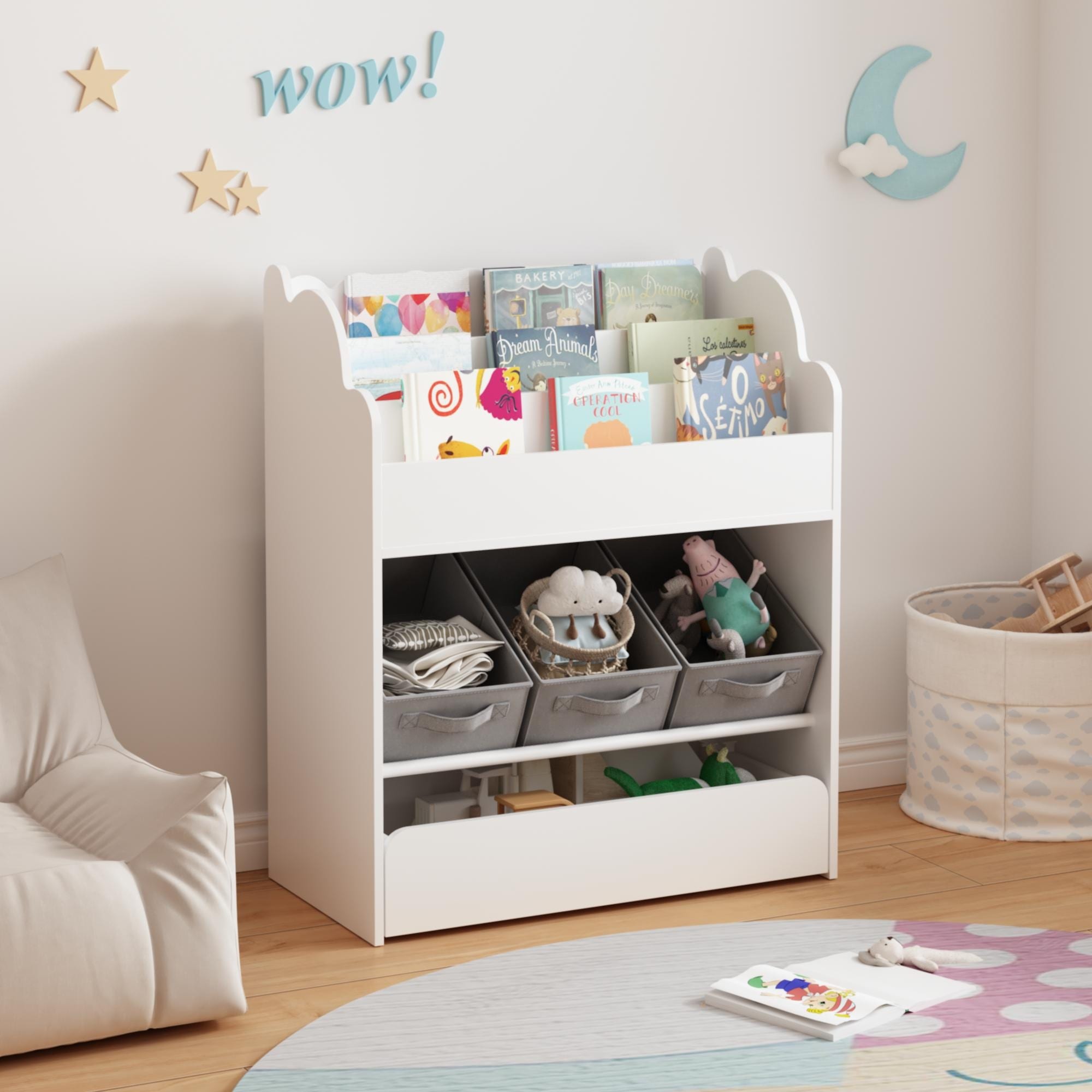 Kids Bookshelf with Storage Bins and Drawer,Multi-Functional Wooden Book Organizer for Toddlers,White Bookcase for Toys, Books