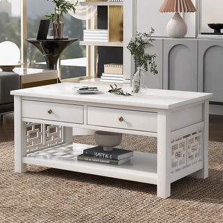 2-Tier Solid Wood Coffee Table with 2 Drawers and Bottom Open Shelf ...