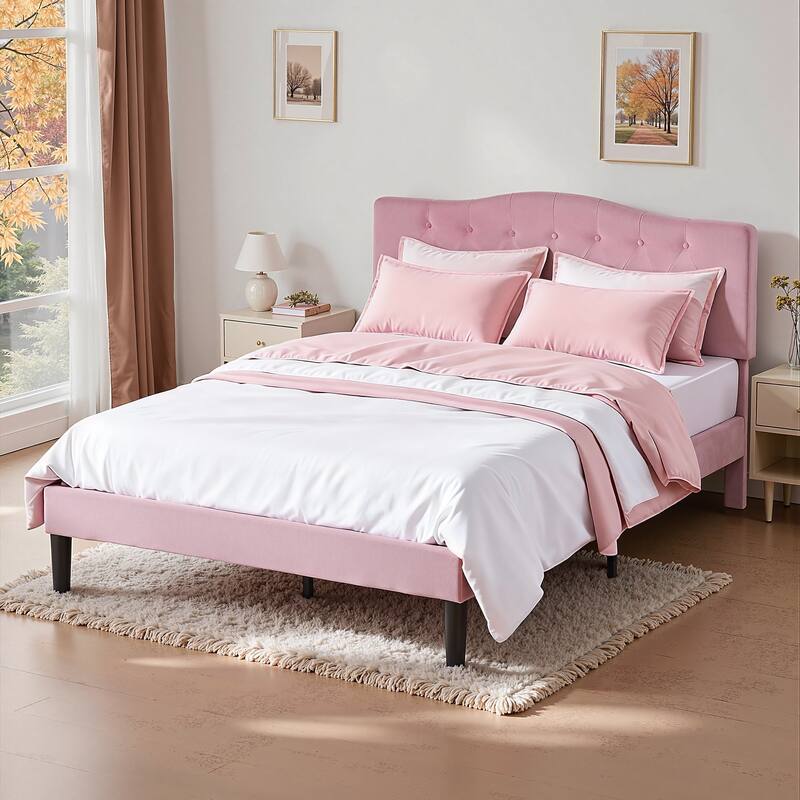 VECELO Tufted Upholstered Bed Frames With Adjustable Headboard