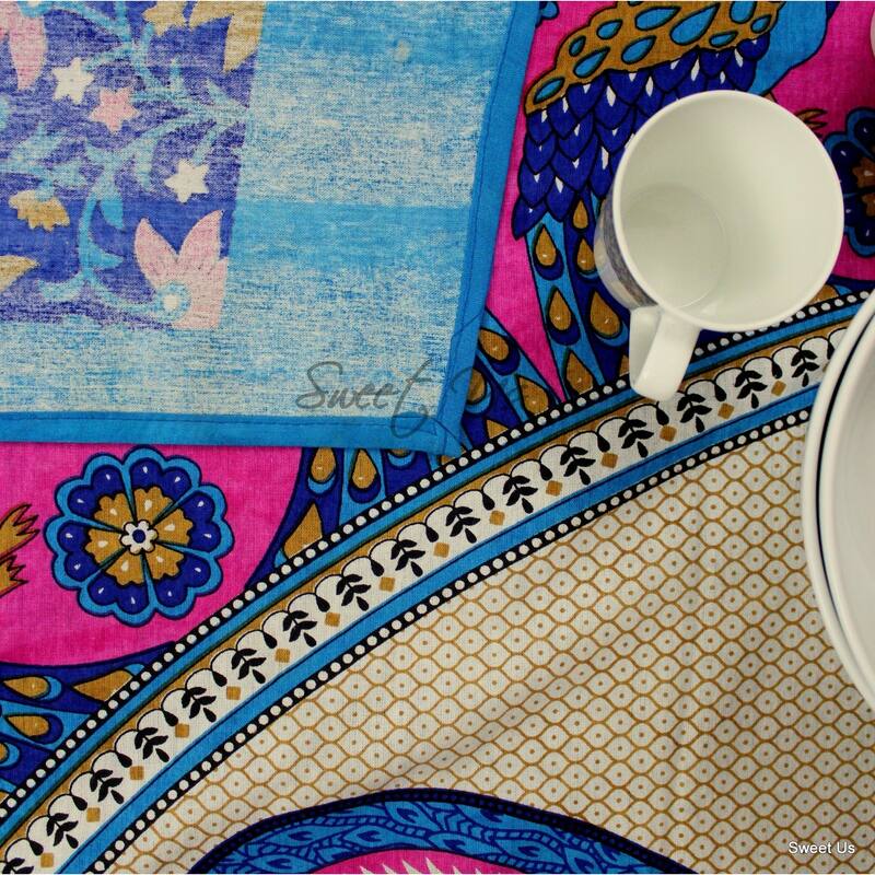 Cotton Floral Twin Peacock Tablecloth Indian BlockPrint Rectangle