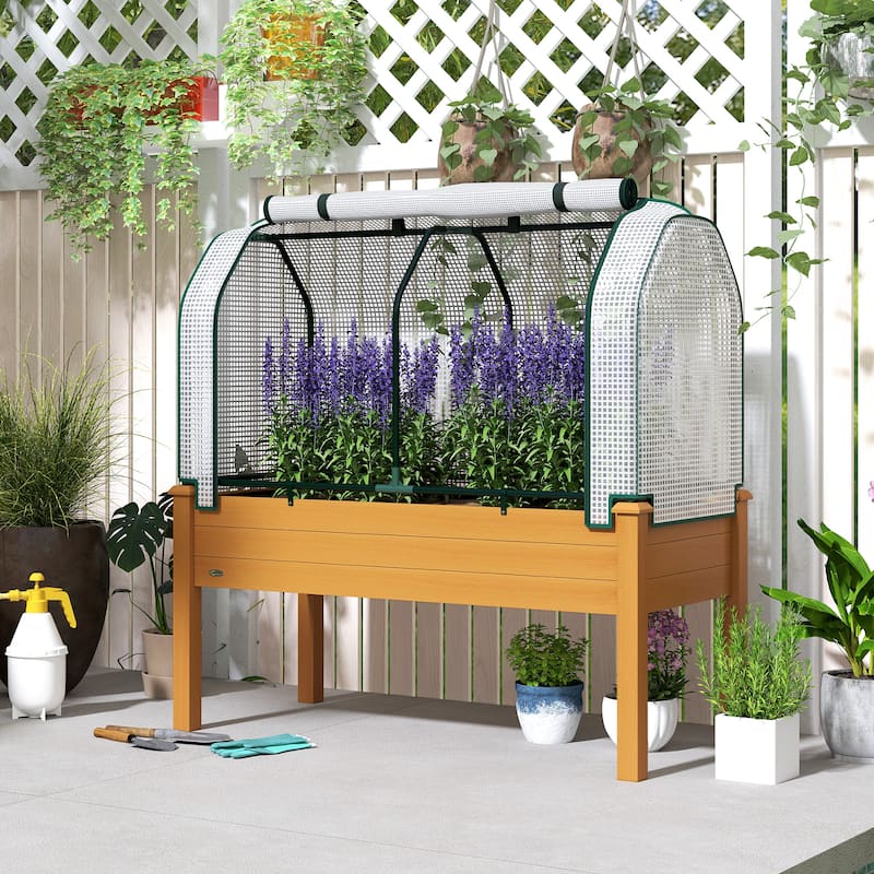 Outsunny Raised Garden Bed with PE Greenhouse Cover Outdoor Elevated Wood Planter Box for Herbs and Vegetables