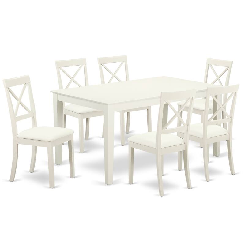 East West Furniture Piece Dining Set Consist of a Rectangle Dinner Table and 6 Faux Leather Kitchen Dining Chairs, Linen White
