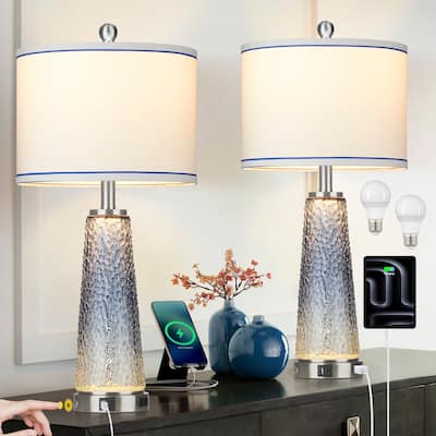 Table Lamps Nightlight 2in1 Glass Blue Charging Ports 2-Way Touch Switch (Set of 2) - 12'' x 12'' x 26'' (L x W x H)