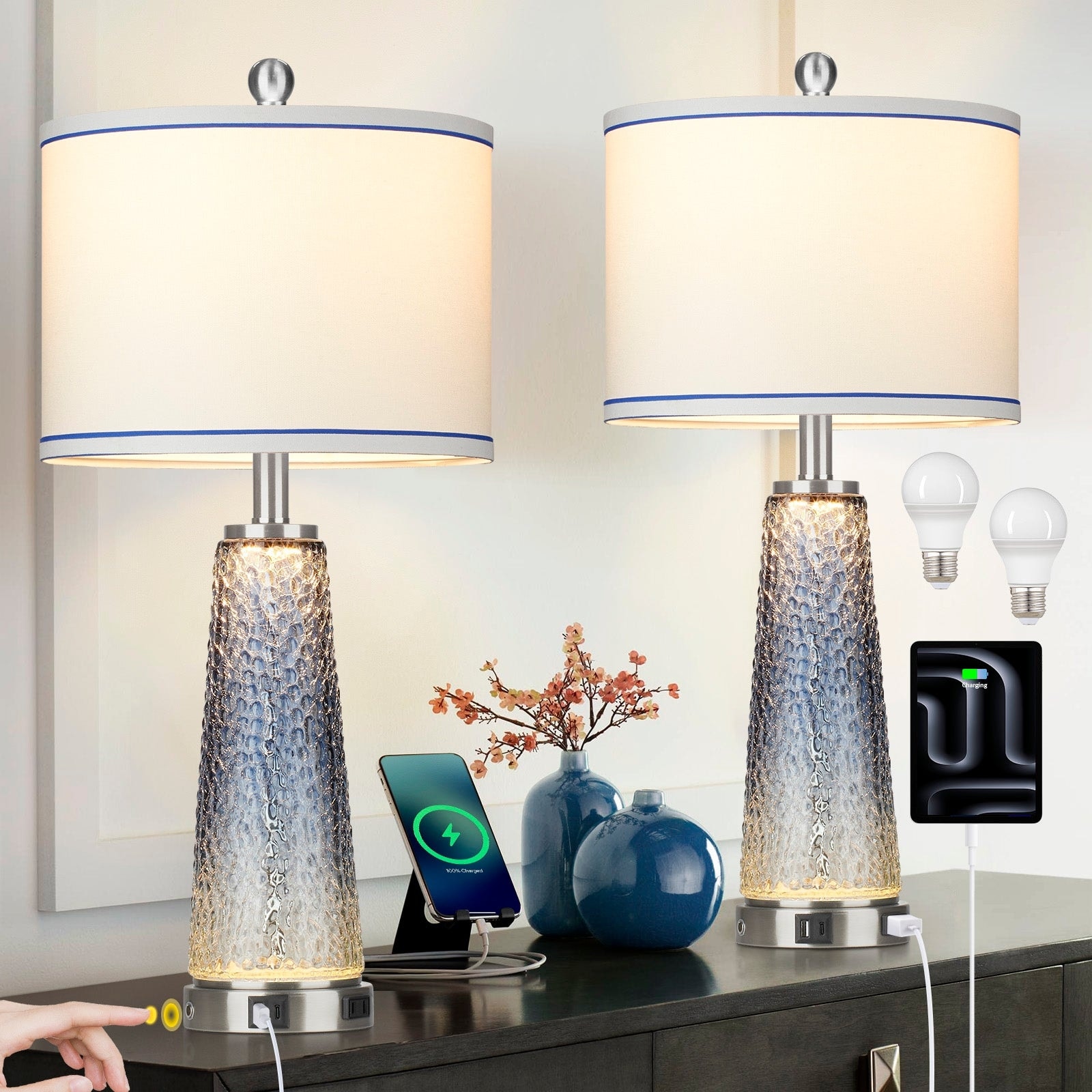 26-inch Modern Glass Table Lamps Set with USB & Type-C Charging Ports(Set of Two) - 12'' x 12'' x 26'' (L x W x H)