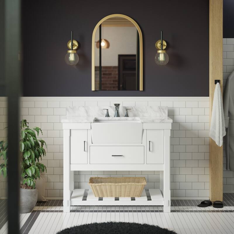 KitchenBathCollection Charlotte 42" Farmhouse Bathroom Vanity with Carrara Marble Top - White