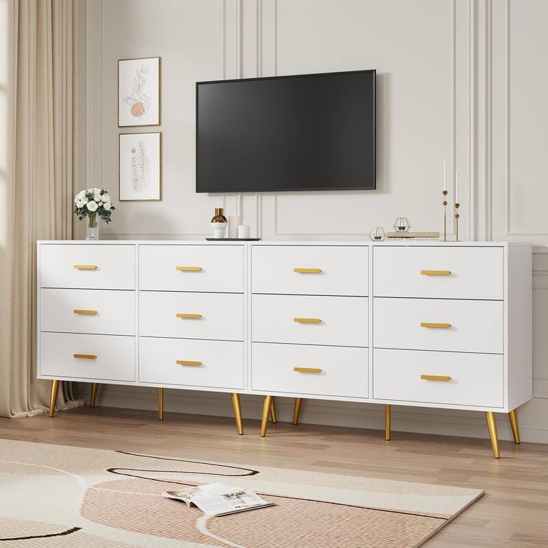 6 Drawer Dresser with Storage Space, Modern Wooden Dresser with Gold Handles