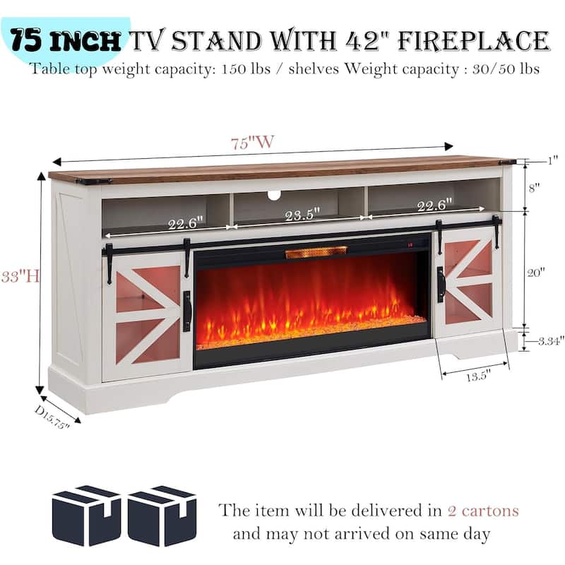 Farmhouse Fireplace TV Stand for 80" TV, Rustic Entertainment Center