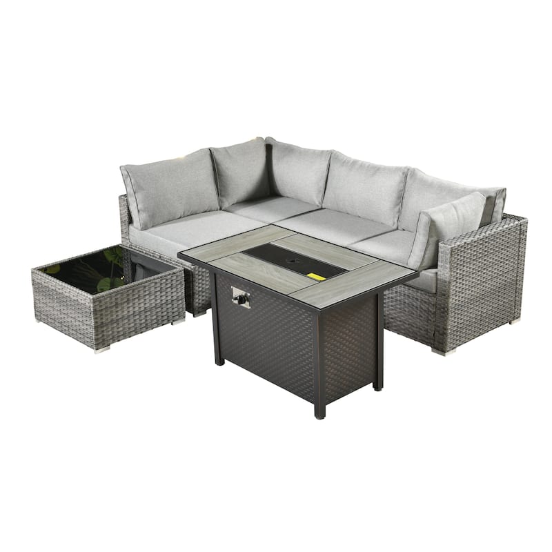 HOOOWOOO 6-piece Patio Rattan Sectional Set with Fire Pit Table