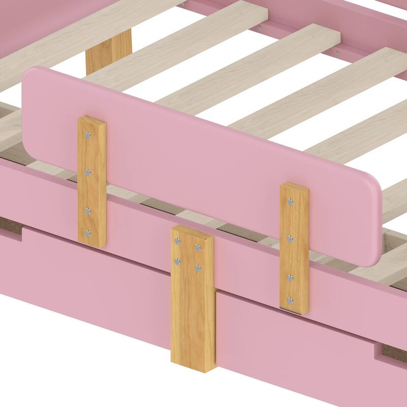 Twin Size Platform Bed with Storage Drawers, Solid Wood Beds Frame with Bed Guardrail, Small Shelf, and Hooks