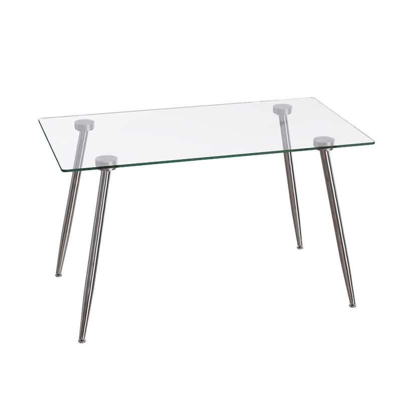 Glass Dining Table, Modern Rectangular Table with Tempered Glass Tabletop & Sliver metal Legs, Simplistic Kitchen Table