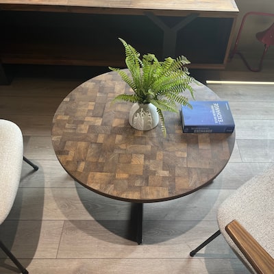 Round Coffee Table Wood Grain and Black Metal