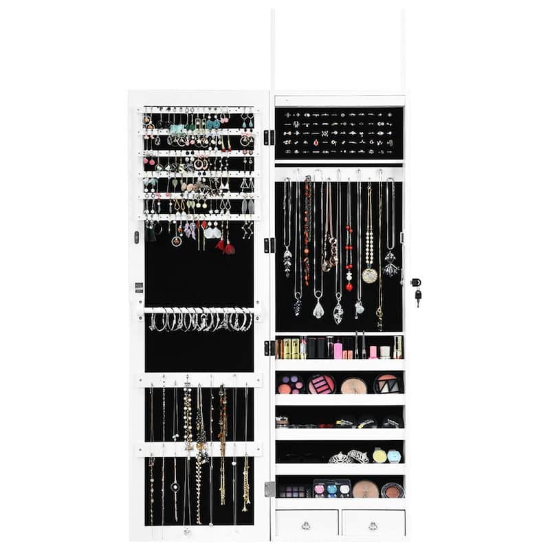 Wall Mounted Lockable Mirror Jewelry Cabinet with LED Light - 4.5" x 3.5" x 56.5" (W x D x H)
