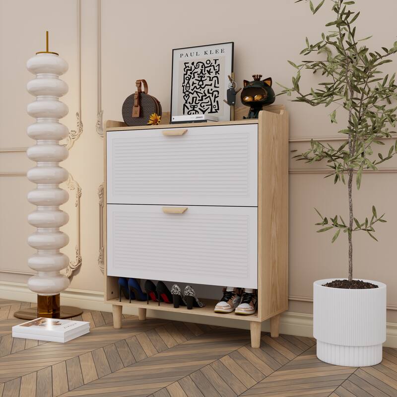 Narrow Shoe Cabinet with 2 Flip Drawers, Freestanding Storage Organizer, Shoe Rack with Solid Wood Legs for Entryway