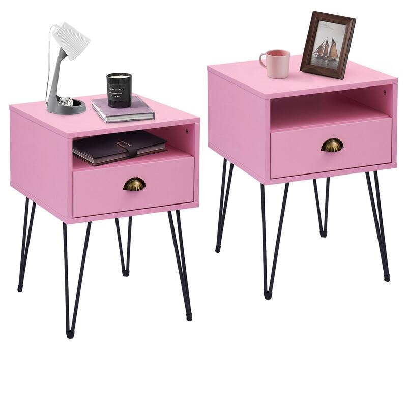 Taomika 2-Piece 1-Drawer Nightstand Set with Drawer Compact Open Shelf Bedside Table for Saving Space(Set of 2 ) - Pink