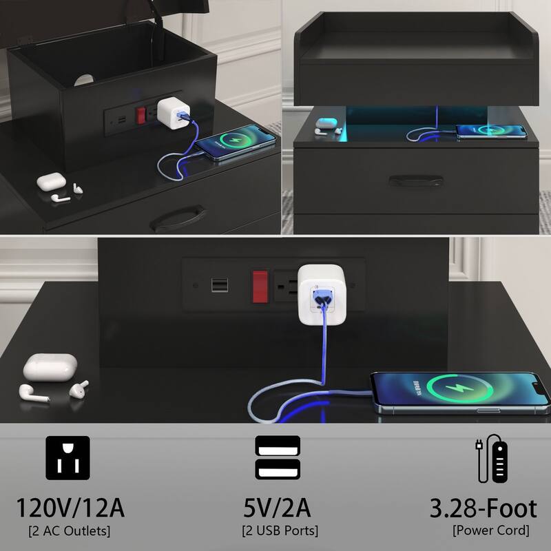 Nightstand with LED Strip Light and 2 Drawers, Bedside End Table with Storage for Bedroom Living Room Study