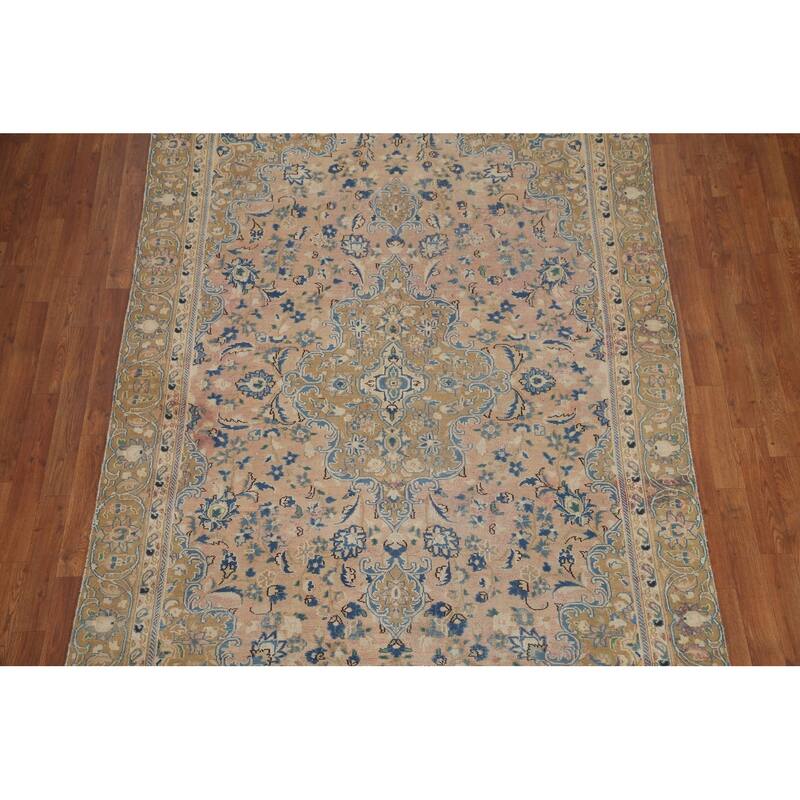 Hand Knotted Oriental 100% Wool Carpet Traditional Floral Pink Mashad Area Rug - 9' 1'' X 5' 7''