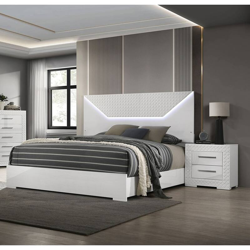 Queen Size High Gloss LED Platform Bed Set with 2 Nightstands and 3pc Contemporary Furniture - White