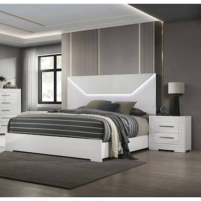 Queen Size High Gloss LED Platform Bed Set with 2 Nightstands and 3pc Contemporary Furniture