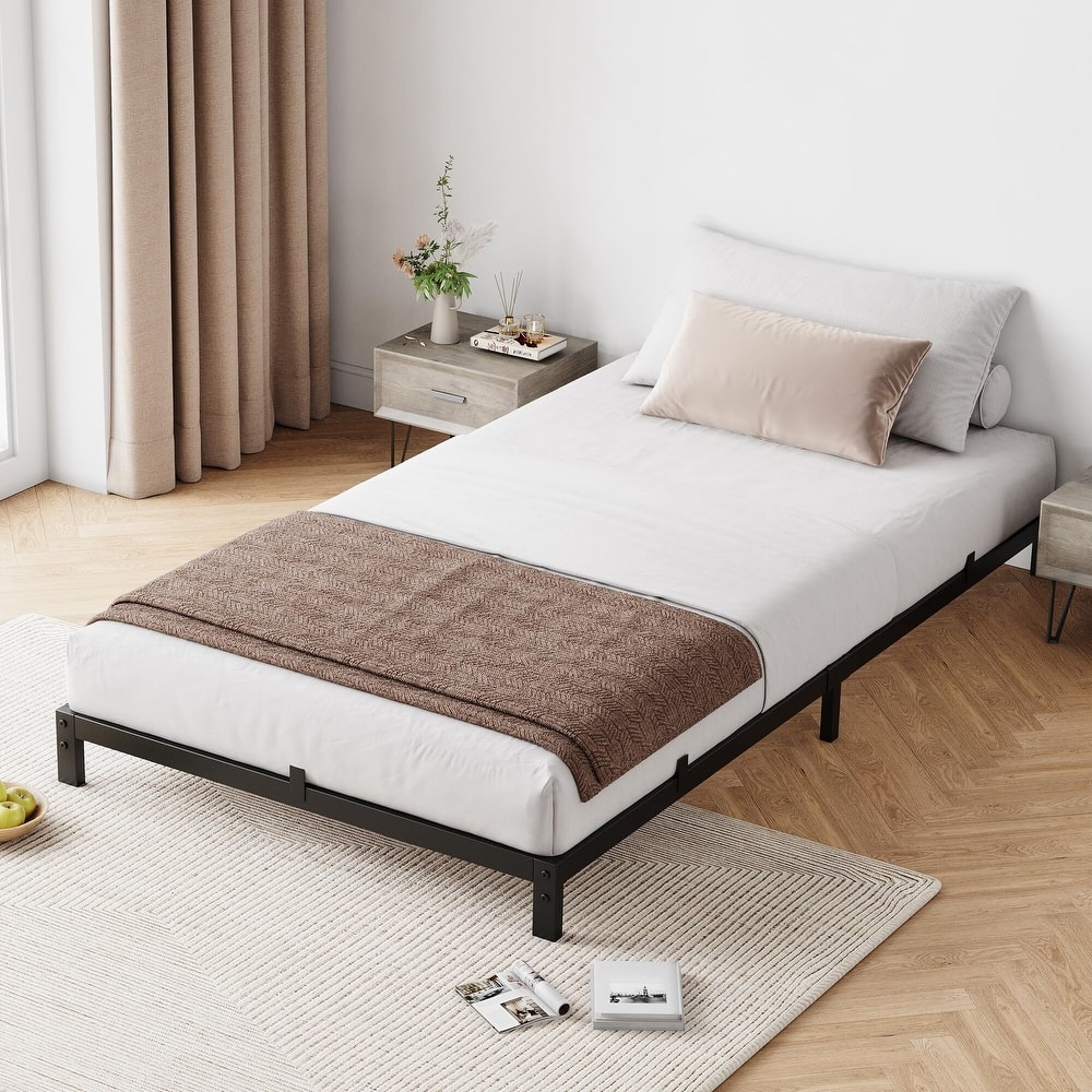 Bed Frame No Box Spring Needed, Heavy Duty Queen Platform Metal Bed Frame with Metal Slats