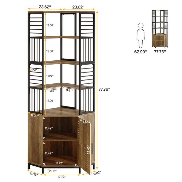78 Inch Tall Corner Shelf with Cabinet, Industrial Bookshelf with