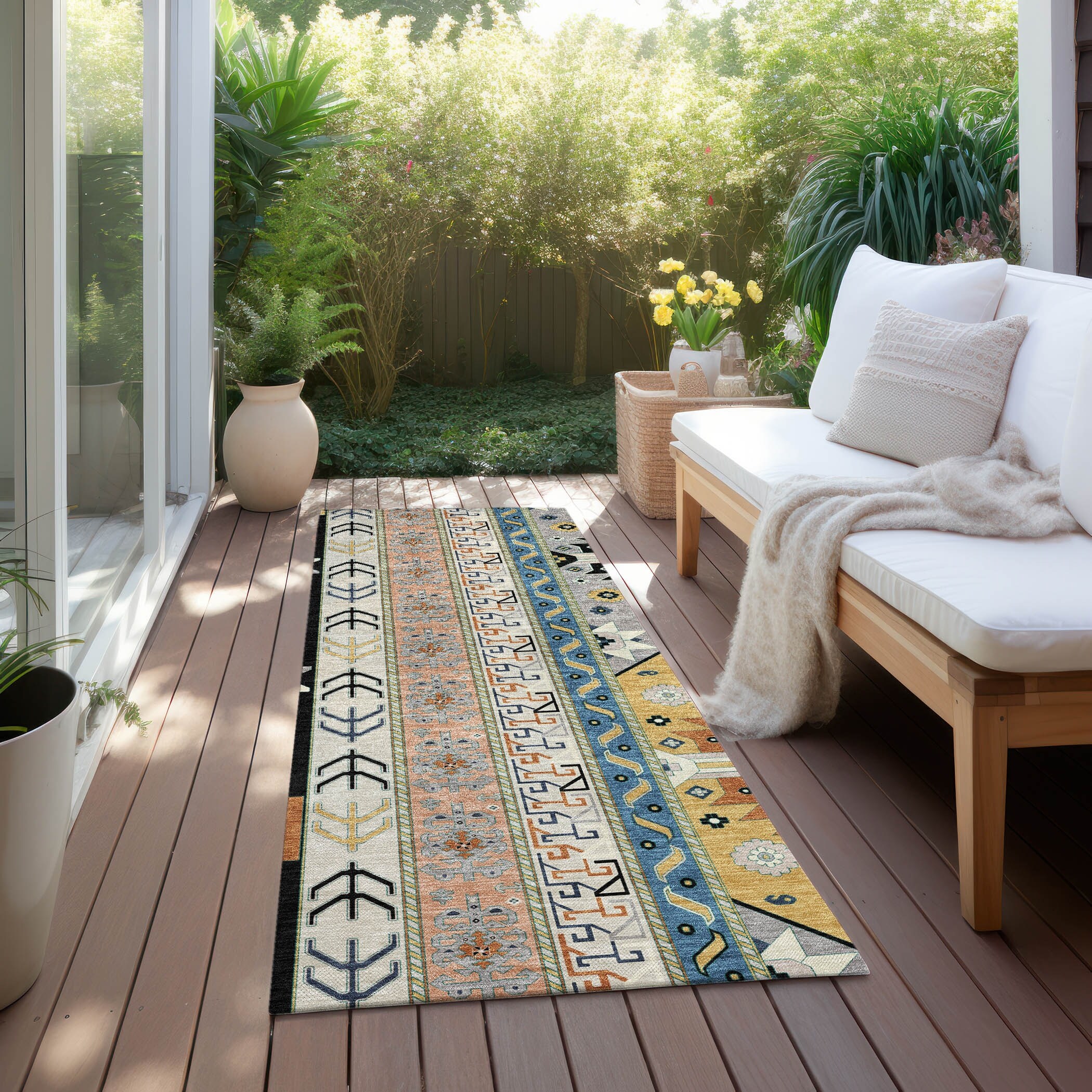 Machine Washable Indoor/ Outdoor Boho Tribal Chantille Rug