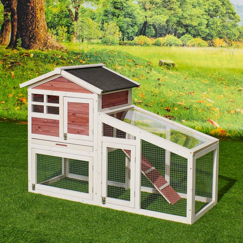 Wooden Chicken Coop with Run, Ventilation Door, Removable Tray, Ramp
