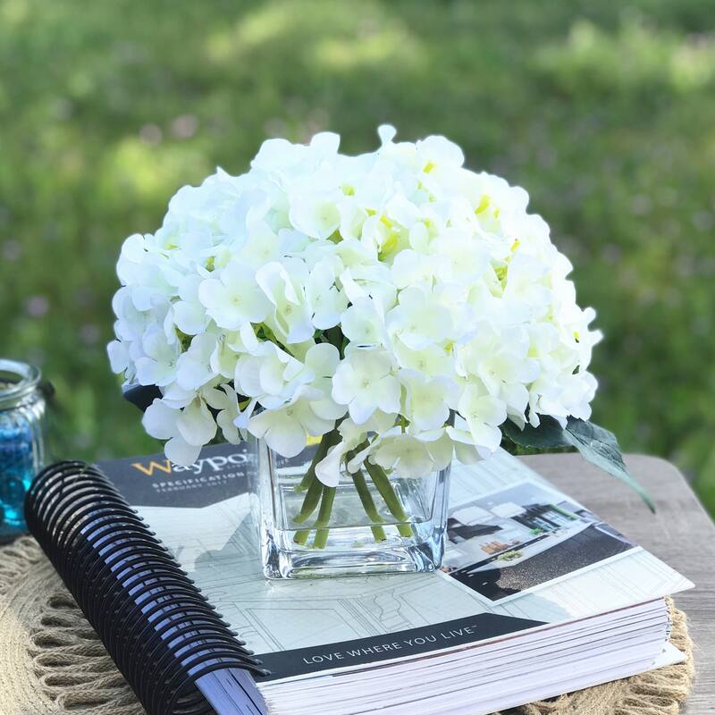 Enova Home Cream Artificial Silk Hydrangea Fake Flowers in Clear Cube Glass Vase with Faux Water for Home Wedding Office Decor - Cream White