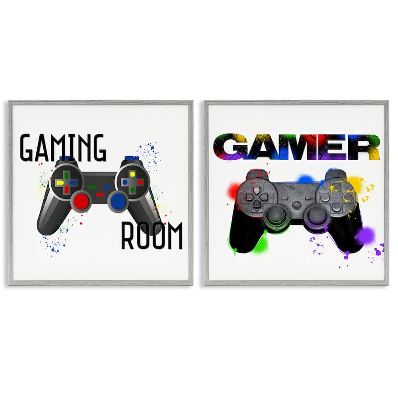 Stupell Retro Gaming Room Control Framed Giclee Art Design By Kim Allen, Marcus Prime (Set of 2) - 12 x 12 - Grey