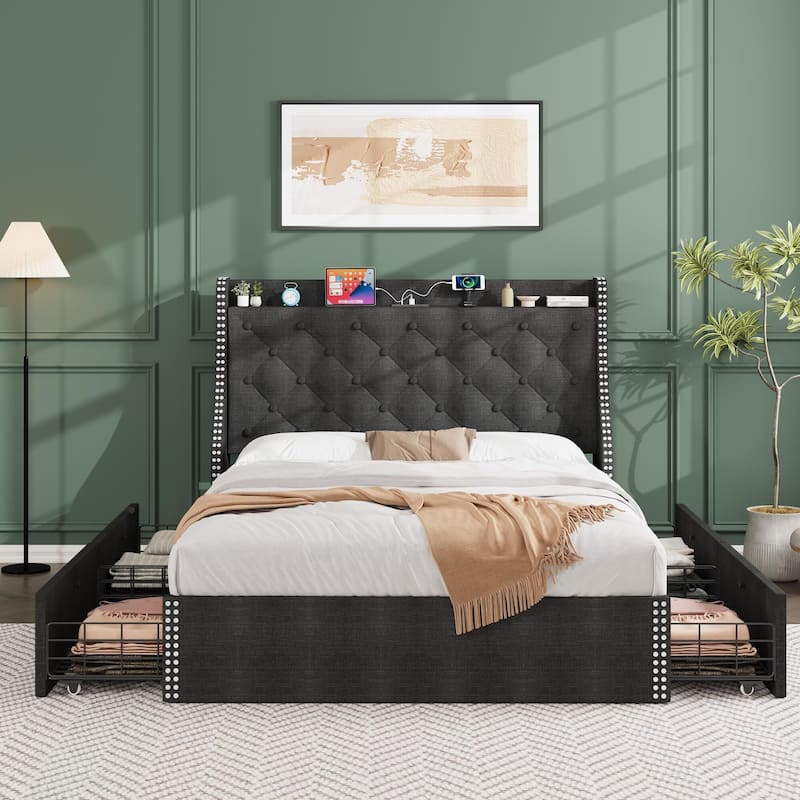 Bed Frame with 4 Storage Drawers and Headboard - Grey_Full - Full