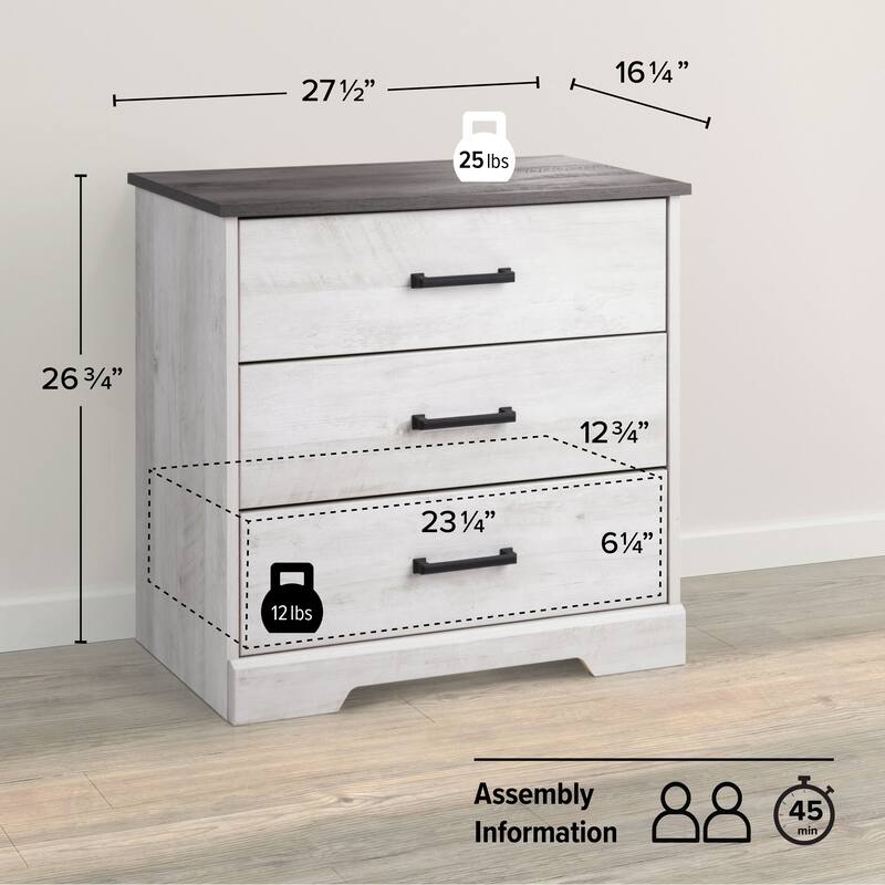 Prepac Rustic Ridge Farmhouse Nightstand Bedside Table, Nightstand for Bedroom, End Table with 3 Drawers