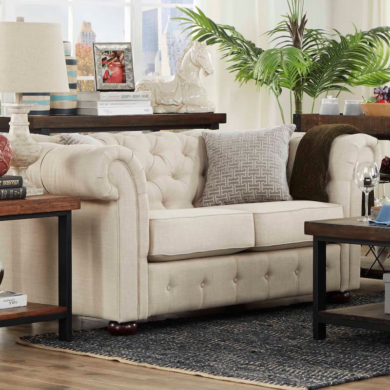 Knightsbridge Beige Linen Tufted Scroll Arm Chesterfield Loveseat by iNSPIRE Q Artisan