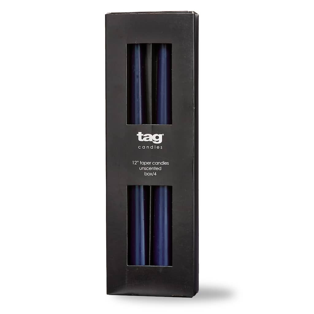 Color Studio 12" Traditional Taper Unscented Smokeless Paraffin Wax Candle Navy Set of 4 Burn Time 8 hrs. - Navy Blue