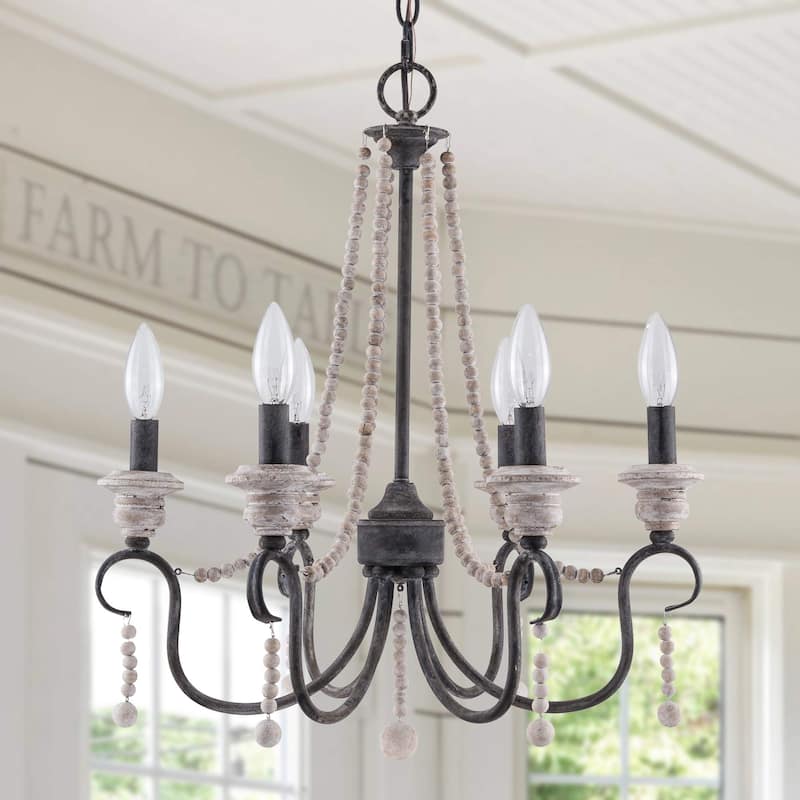 6-Light Vintage French Country Chandelier Dimmable Pendant Light - 20"X22" - Black