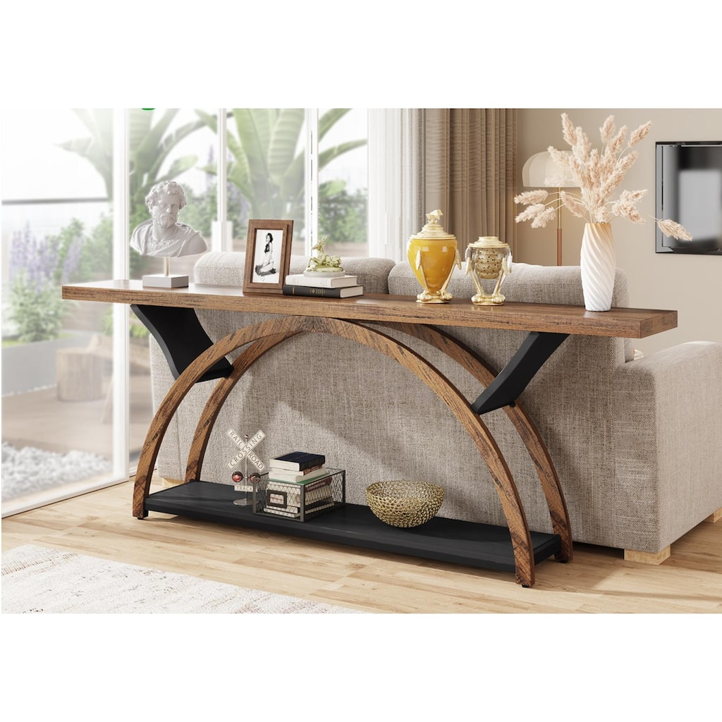 70.87" Brown & Black 2-Tier Console Table with Shelf, Half Moon Frame, Narrow Sofa Table for Hallway or Living Room