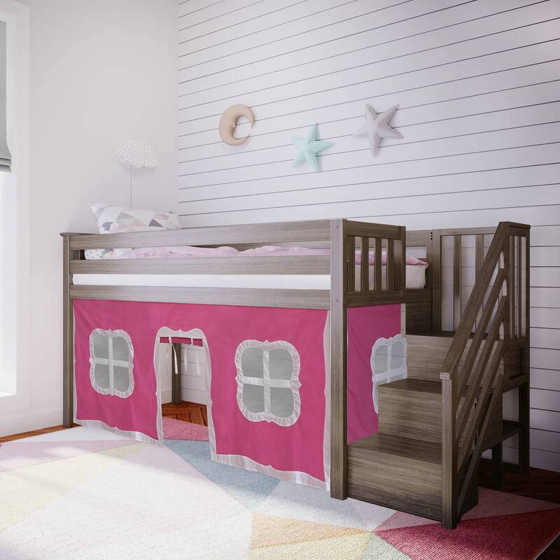 Max and Lily Twin Low Loft with Stairs and Curtains - Clay with Pink/White Curtain