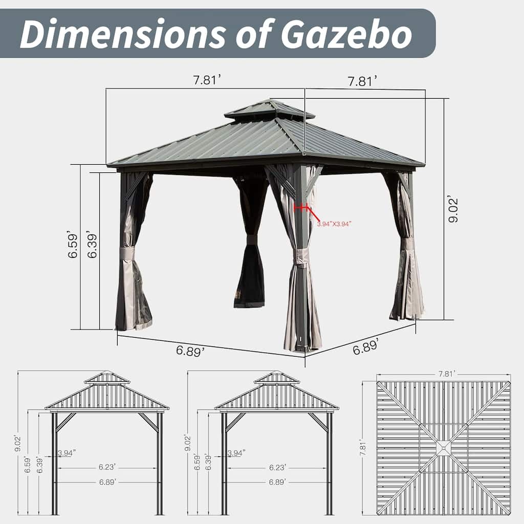 8' X 8' Hardtop Gazebo with Galvanized Steel Double Roof Canopy