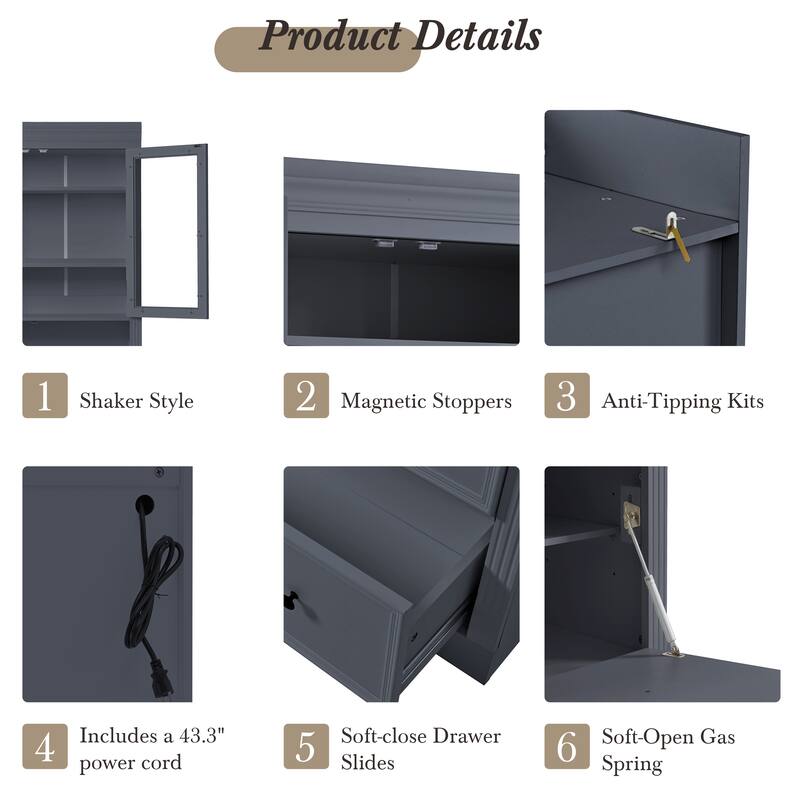 78" Freestanding Kitchen Pantry Cabinet with 3 Drawers, Glass Doors, Adjustable Shelves and Built-In Power Outlet