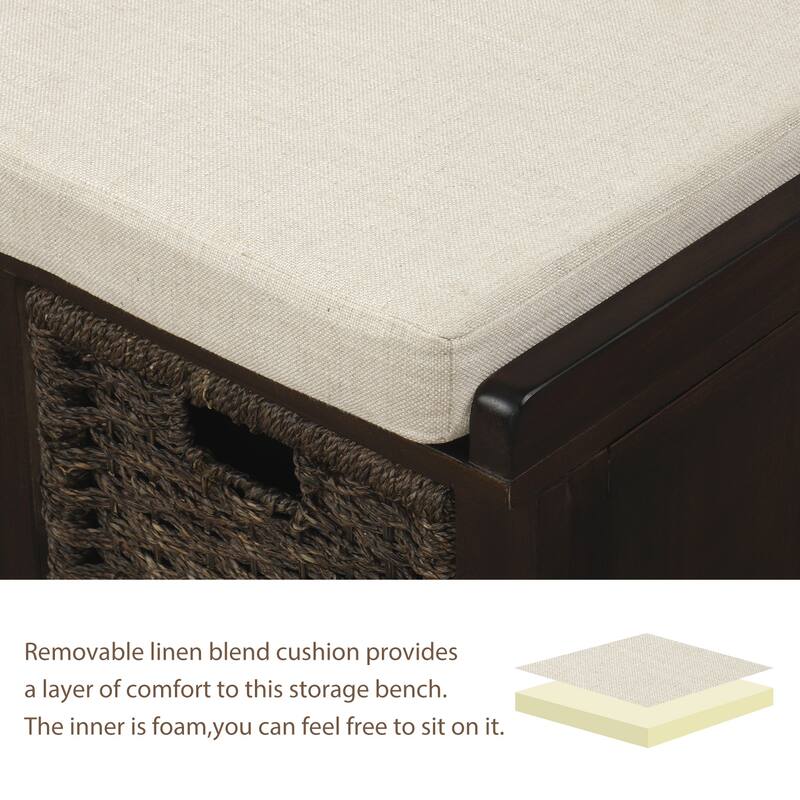 Rustic Storage Bench with 3 Removable Classic Rattan Basket , Entryway Bench with Removable Cushion