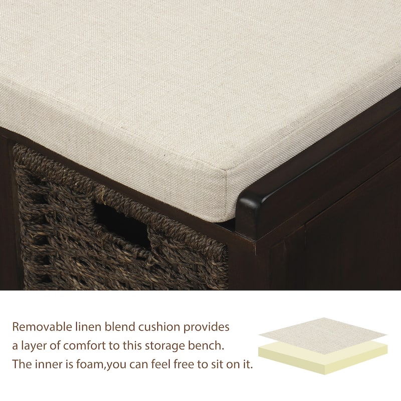 Storage Bench with 3 Removable Classic Rattan Basket , Entryway Bench with Removable Cushion