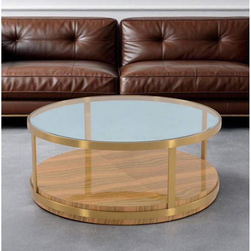 HomeRoots 43" Clear Gold And Brown Glass Wood and Metal Round Coffee Table With Shelf - 43' X '18' X '43 - Clear