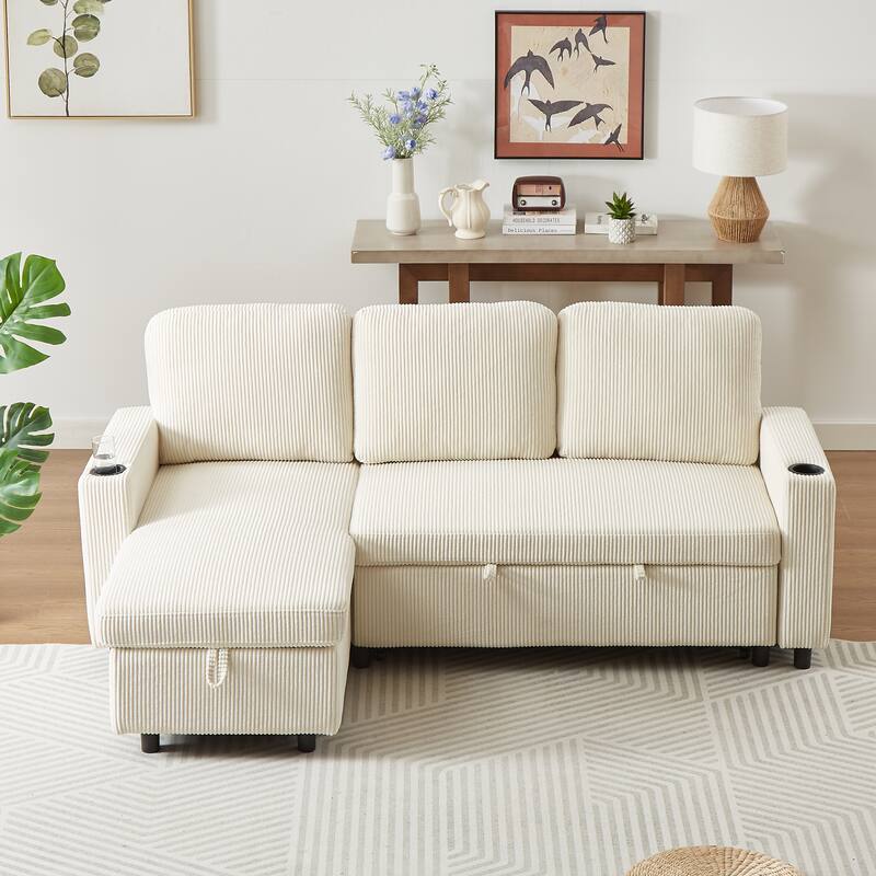 L-Shaped Corduroy Sofa Bed with Pull-Out Sleeper, Reversible Design