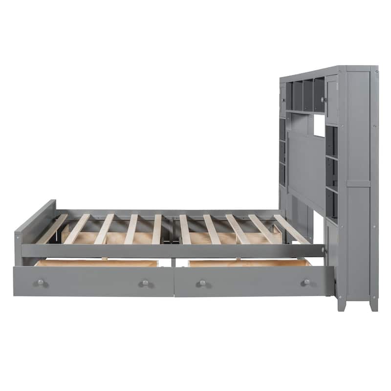 Queen Size Wooden Bed With All-in-One Cabinet