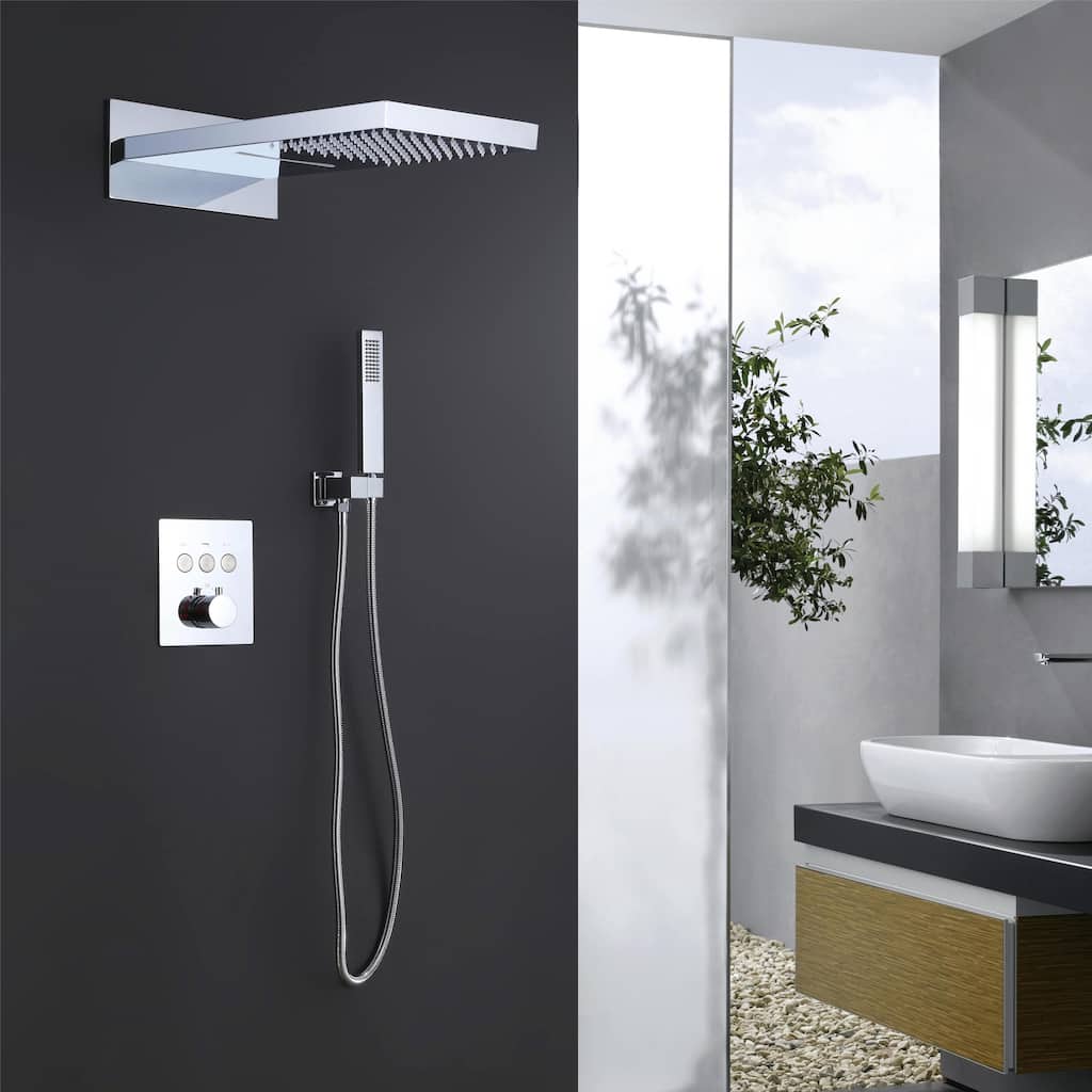 Luxury Thermostatic 3-Way Complete Rain and Waterfall Shower System with Adjustable Handheld