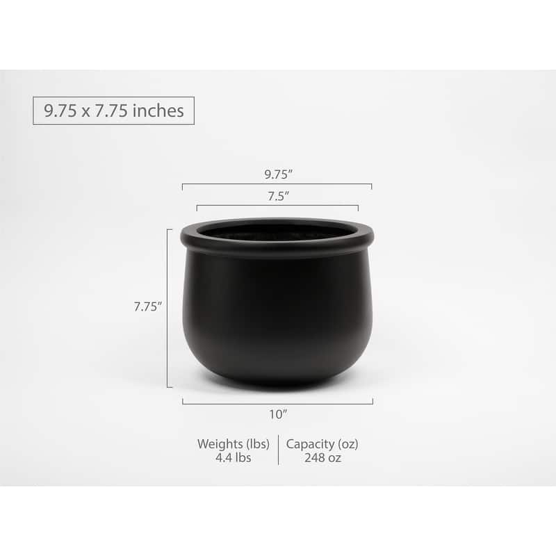 Indoor/Outdoor Large 1-piece Nordic Minimalist Fiberstone Lightweight Round Planter Pot - 16, 10 inch Matte Finish - 7.75 In. H x 9.75 In. W x 9.75 In. L - Black