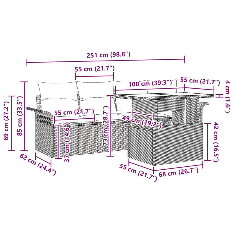 vidaXL 5 Garden Sofa Set with Cushions Black/Brown/Grey Poly Rattan - 98.8 x 24.4 x 27.2
