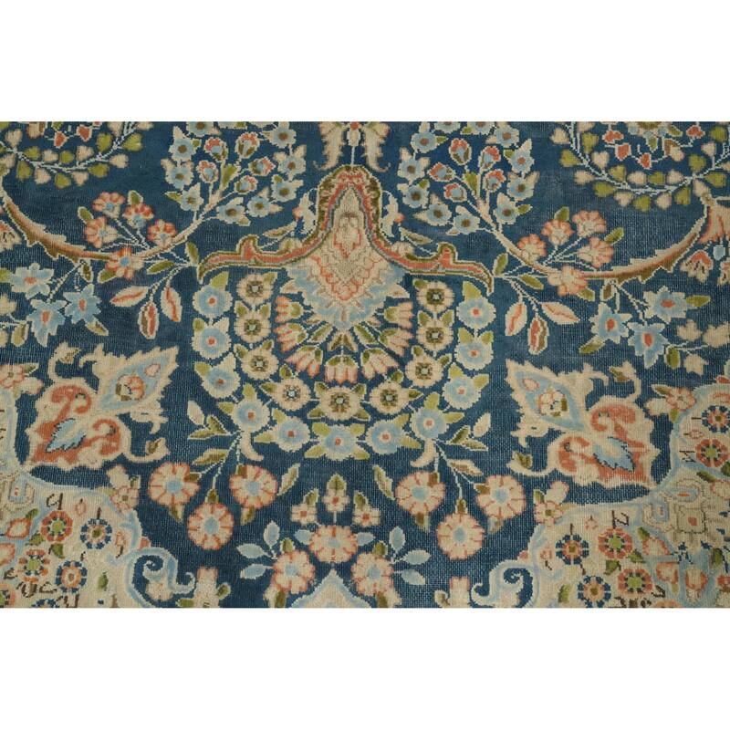 Hand Knotted Oriental 100% Wool Carpet Traditional Floral Navy Blue & Blues Kerman Area Rug - 10' 0'' X 6' 9''