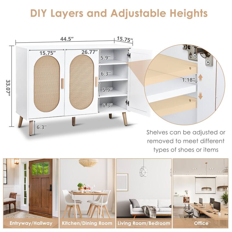 3-Door Shoe Cabinet with White Frame and Oval Rattan Surface Perfect for Home Entry Storage - 44.49"L × 15.75"W × 32.87"H