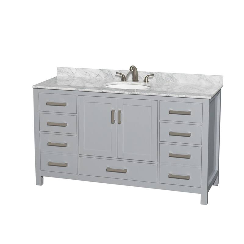 Wyndham Collection Sheffield 60" Freestanding Vanity Set with Hardwood - Gray / White Carrara Marble Top - Ash Finish