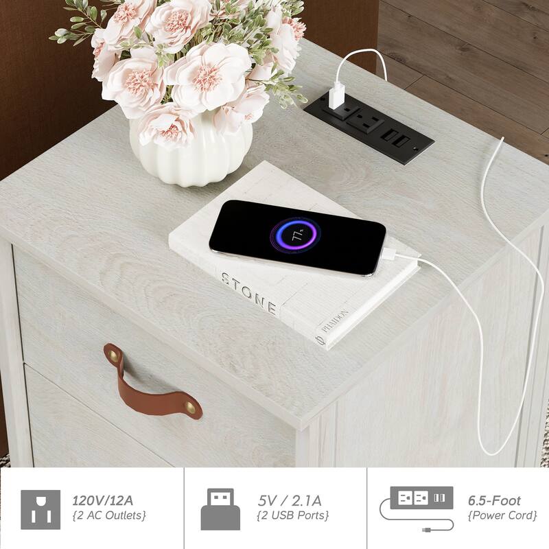 WAMPAT White Nightstand with Charging Station,Bedside Table with 2 Drawer，Set 2